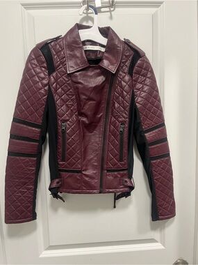 Blanc Noir Women's Moto Genuine Leather Mesh Jacket Maroon And Black XS EUC